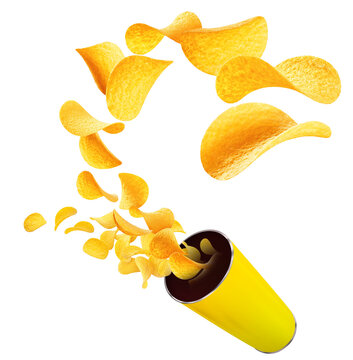 A creative 3D look mockup of potato chips. Coming out from tin pack. Helpful for advertising, branding, banner. Top-quality image.