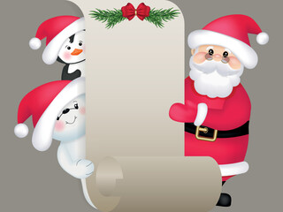  Santa Claus, teddy bear and penguin with an unfolded paper scroll, Any text can be placed on a paper scroll, Christmas vector illustration