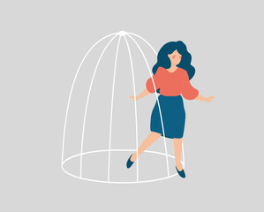 Woman escaping from a cage. Female steps out of prison. Girl getting out of a tight space. Concept of freedom, mental health disorders, rehabilitation, taking new opportunities and challenges.