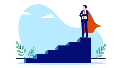 Businessman on top of stairs - Superhero man standing proud on staircase with folded hands. Winner and success concept, flat design vector illustration with white background