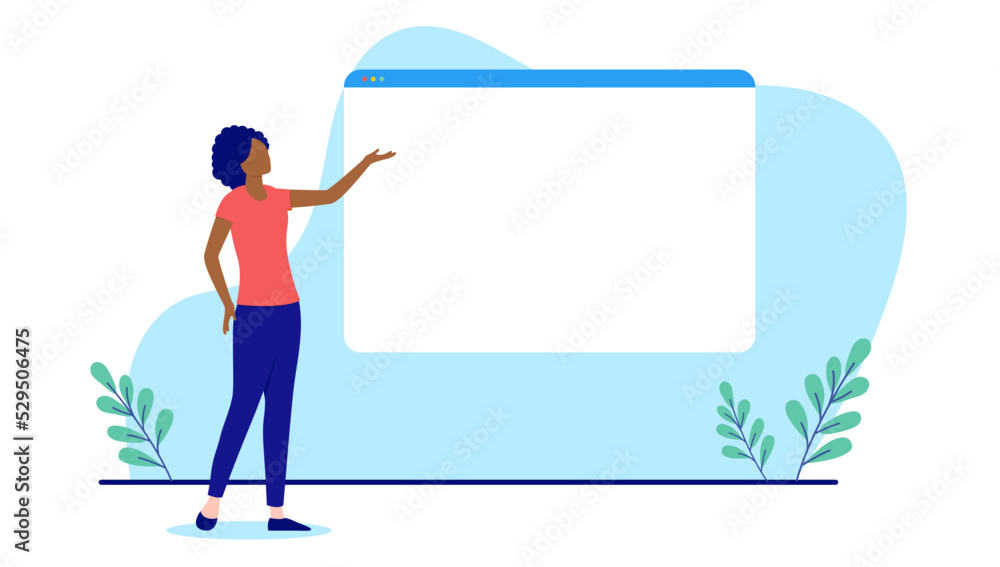 Poster Woman standing with empty internet web browser, write your own text template. Flat design vector illustration with white background