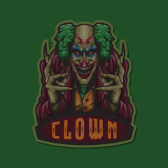 Obraz premium Psycho Joker Clown with Evil Smile and Blood Hand Nightmare Esport Mascot Vector Logo Illustration