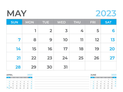 May 2023 page, Calendar 2023 template, Desk calendar 2023 year, planner design, Wall calendar, week starts on sunday, stationery design, Desk office, organizer office, vector eps10