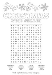 Christmas word search puzzle and caloring page. Logic game for learning English words. Holiday festive crossword. Printable activity sheet. Vector illustration. Worksheet about winter.