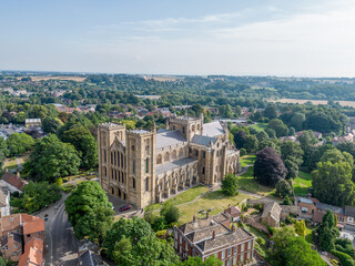 Ripon Cathedral North Yorkshire place of worship church and wedding venue. Drone aerial view of...