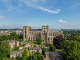 Fototapeta na wymiar Ripon Cathedral North Yorkshire place of worship church and wedding venue. Drone aerial view of Ripon town centre and cathedral. Yorkshire England, United Kingdom 