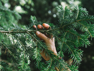 Woman touching the branches of a tree. Green environment forest background. Sustainable existence between man and nature