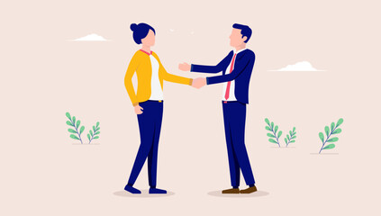 Handshake between man and woman - Two employee characters of different gender shaking hands at work. Flat design vector illustration