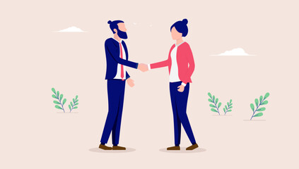 Business handshake man and woman - Two people of different gender shaking hands over deal and agreement. Flat design vector illustration