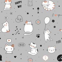 Seamless pattern with funny cats, cute doodle seamless background for kids and baby textile design.