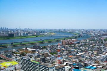 東京都江戸川区 タワーホール船堀展望室から見る北側の街並みと荒川