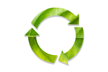 Recycling icon made from green leaves, on a white background, concept of recycling, Ecology and green environment concept.