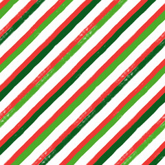 Christmas diagonal stripes pattern, seamless brush texture lines background, red and green geometric parallel strokes, gift paper vector