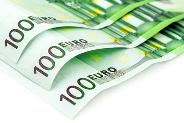 300 Euro banknotes against white background