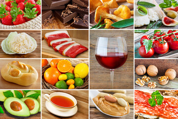 Collage and various foods with Histamine on wooden background