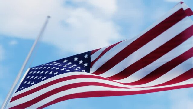 Waving US Flags in the blue sky's day to Fly Half-Staff Following Queen Elizabeth II: National Mourning . US Half-Staff's waving and looping  animation.