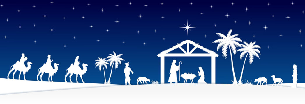 Blue and Christmas Nativity scene banner background. Vector illustration.