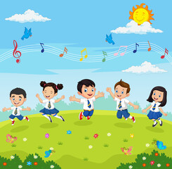 Obraz na płótnie Canvas HAPPY SCHOOL KIDS PLAYING IN THE GARDEN