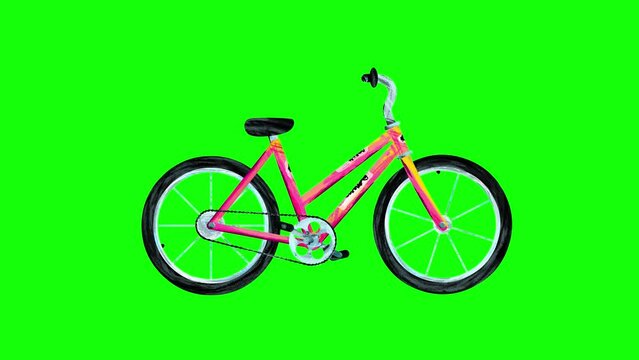 Animated woman's bicycle seen from the right on green background. Paint hand made cartoon style seamless loop. Motion design graphic animation business explainer style.