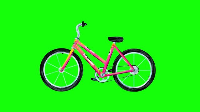Animated woman's bicycle seen from the left and sprocket wheel on the back on green background. Paint hand made cartoon style seamless loop. Motion design graphic animation business explainer style.
