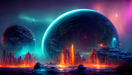Futuristic fantasy landscape sci-fi landscape with planet Neon space galaxy portal