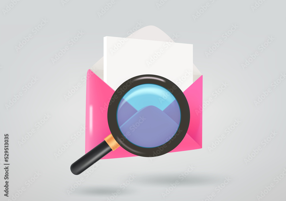 Poster opened envelope with magnifier. 3d vector illustration