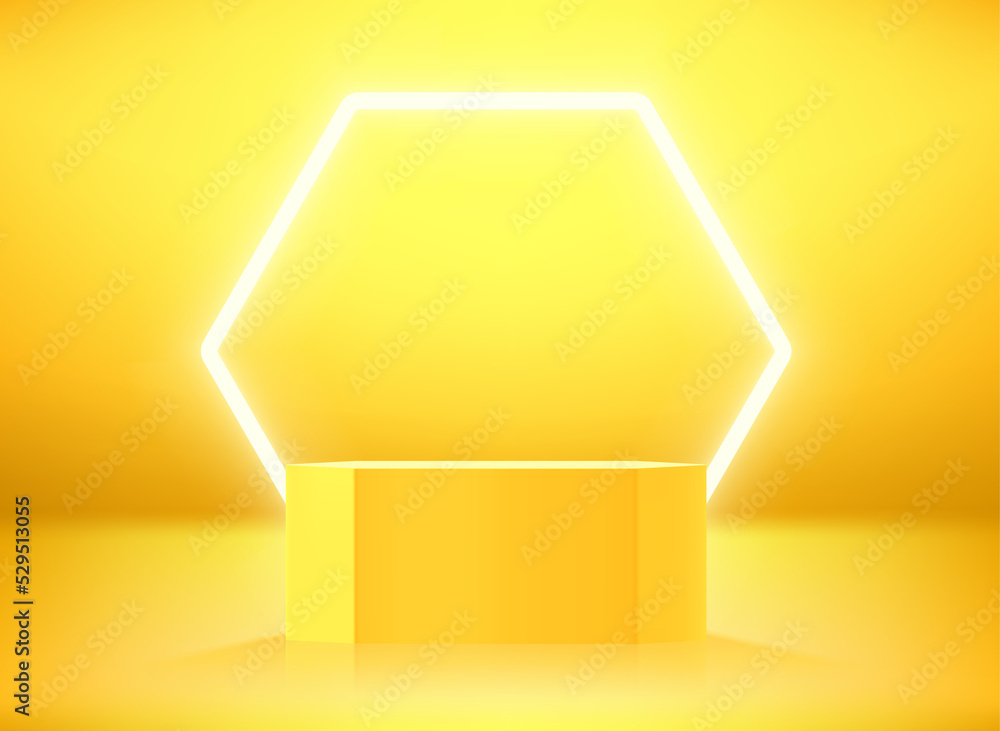 Poster Golden hexagon showcase with neon light. 3d vector illustration with copy space