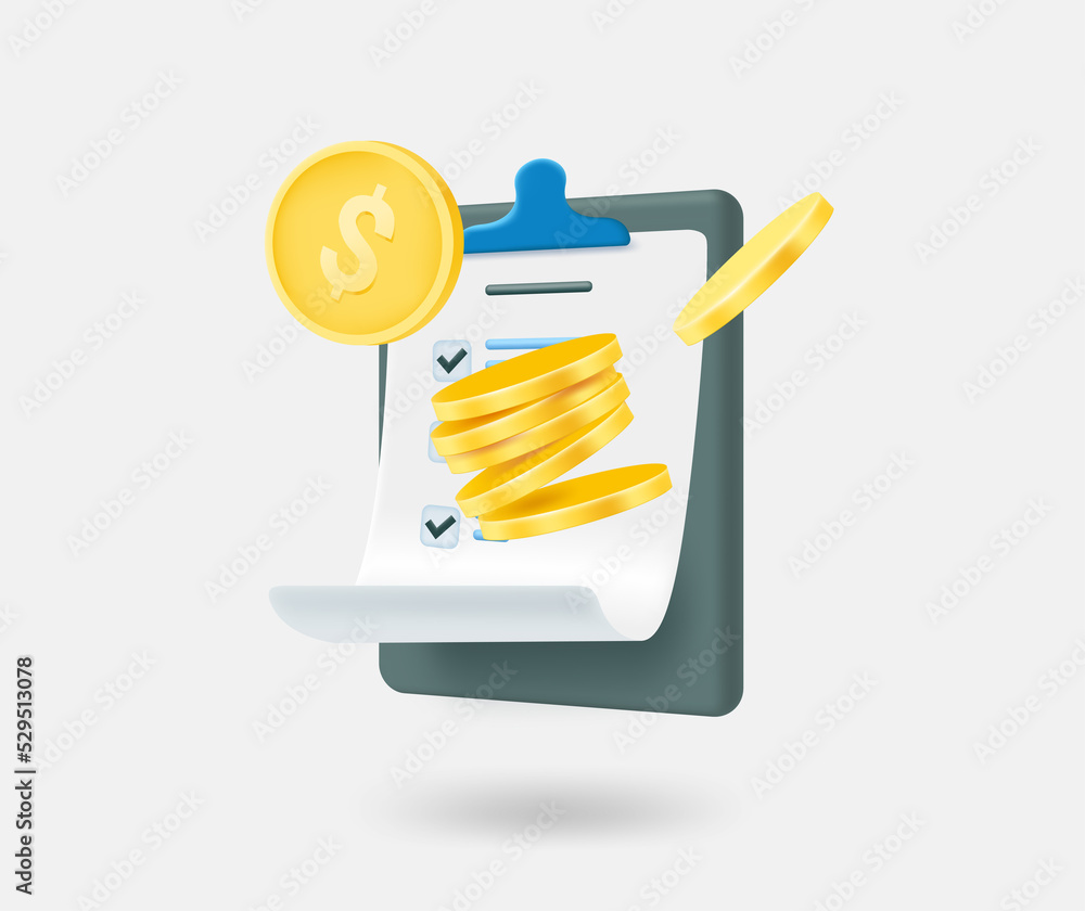 Poster Paperclip with checklist and golden coins. Receiving payment concept. 3d vector isolated illustration