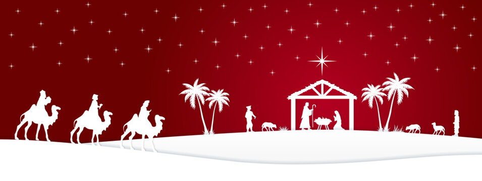 Red and white Christmas Nativity scene banner background. Vector illustration.