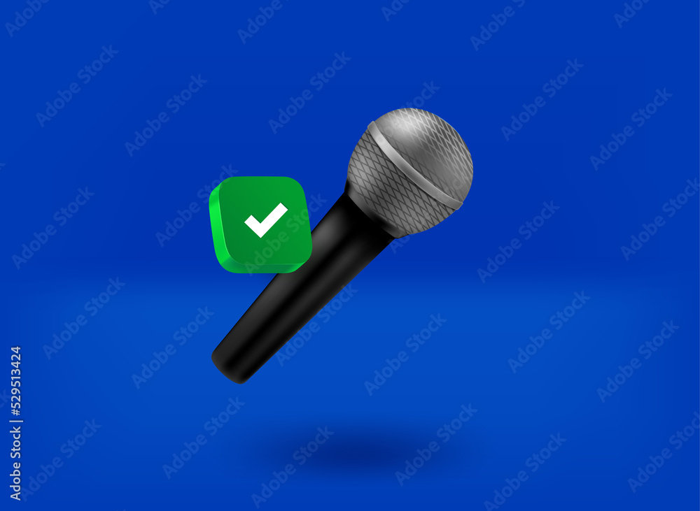 Poster microphone with checkmark icon. 3d vector illustration