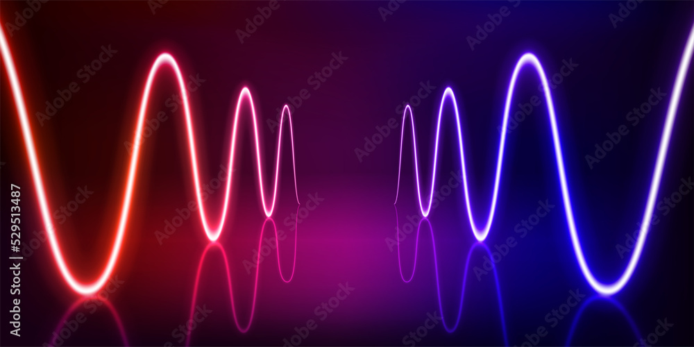 Aufkleber illuminated interior with empty stage and neon glowing waves. 3d vector illustration