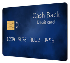 Here is generic, mock cash back debit card. It is a blue card with cloud design. Some debit cards now offer cash or point rewards. 3-d illustration