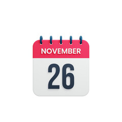 November Realistic Calendar Icon 3D Rendered Date November 26