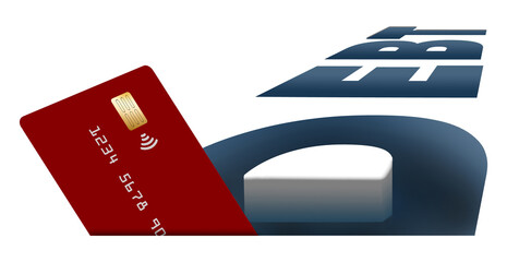 A credit card is seen inside the word DEBT in this illustration about credit card debt.This is a 3-d illustration.