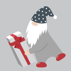 Cute little gnome in a hat with a gift. Vector isolated clipart.