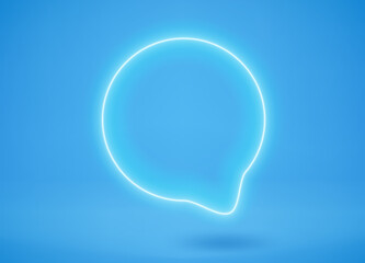Blue neon glow speech bubble on blue background. 3d vector mockup

