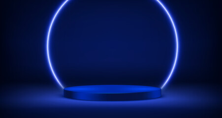 Illuminated stage with blue neon lighting. Vector 3d illustration