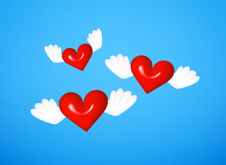 Fototapeta na wymiar Red hearts flying with the wings. 3d vector concept