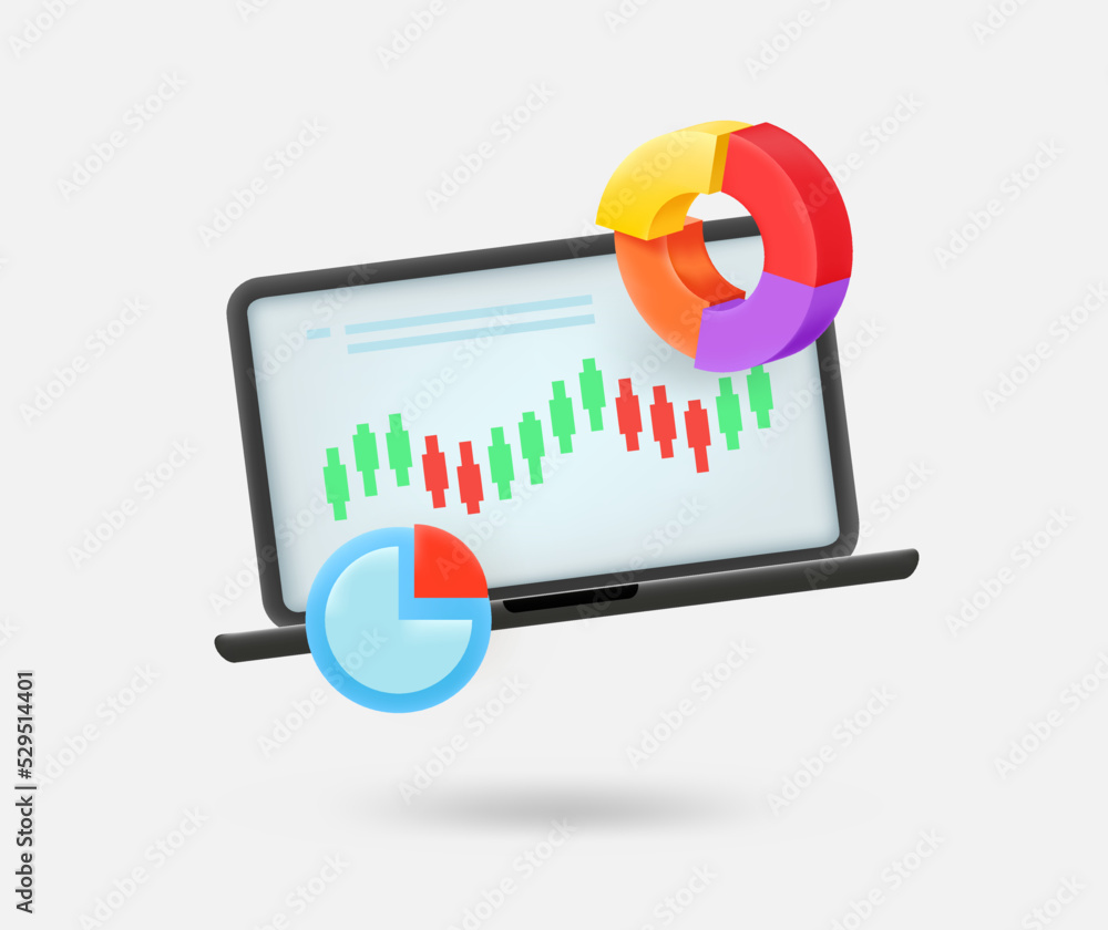 Poster online trading concept with laptop and color charts. 3d vector isolated illustration
