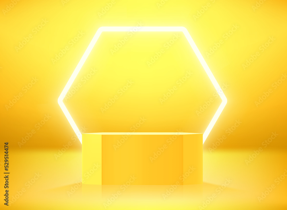 Poster golden hexagon showcase with neon light. 3d vector illustration with copy space