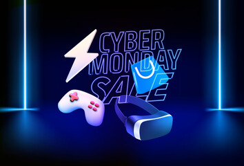 Cyber monday sale banner with accessories and neon inscription. 3d vector illustration  © tovovan