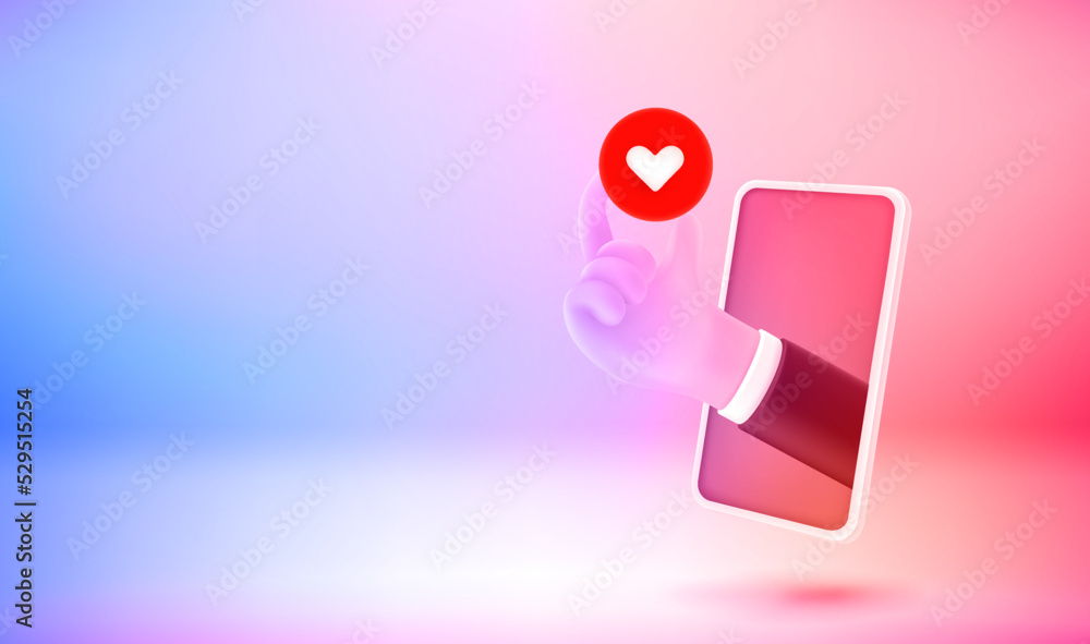 Poster giving love sign online via smartphone application. 3d vector banner with copy space