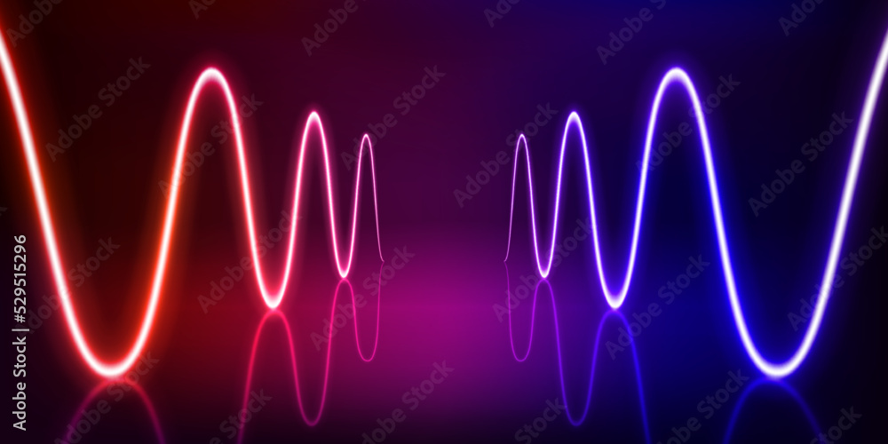 Poster Illuminated interior with empty stage and neon glowing waves. 3d vector illustration