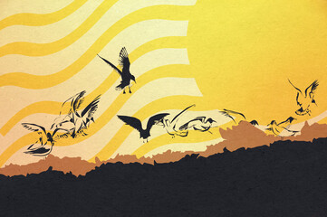 Ilustracja stado mew na tle dużego słońca latające na ziemią orną. - obrazy, fototapety, plakaty