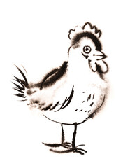 cute chicken illustraion - hand paited with ink on a paper