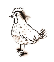 cute chicken illustraion - hand paited with ink on a paper