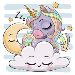 Cartoon Unicorn is sleeping a on the Cloud