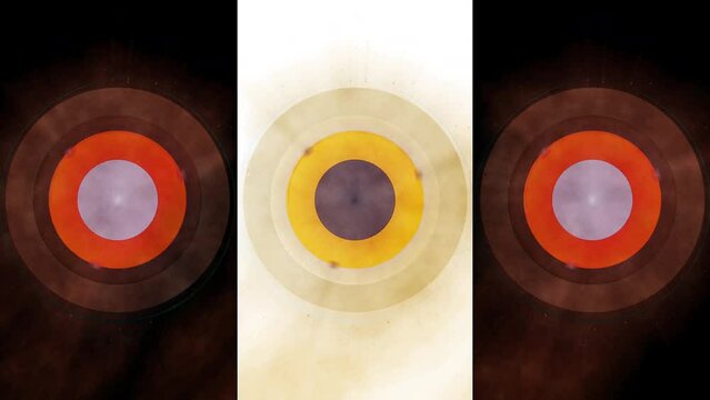 triptych video of spinning colorful circles on a colorful background
