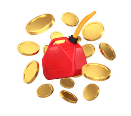 Gold coins flying around a plastic gasoline canister, fuel price concept, 3d render