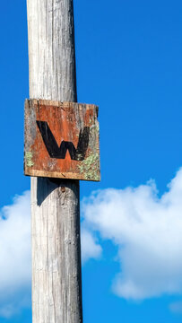 Letter W painted in black on a weathered wooden sign nailed to a utility pole, with blue sky and puffy clouds in background. 